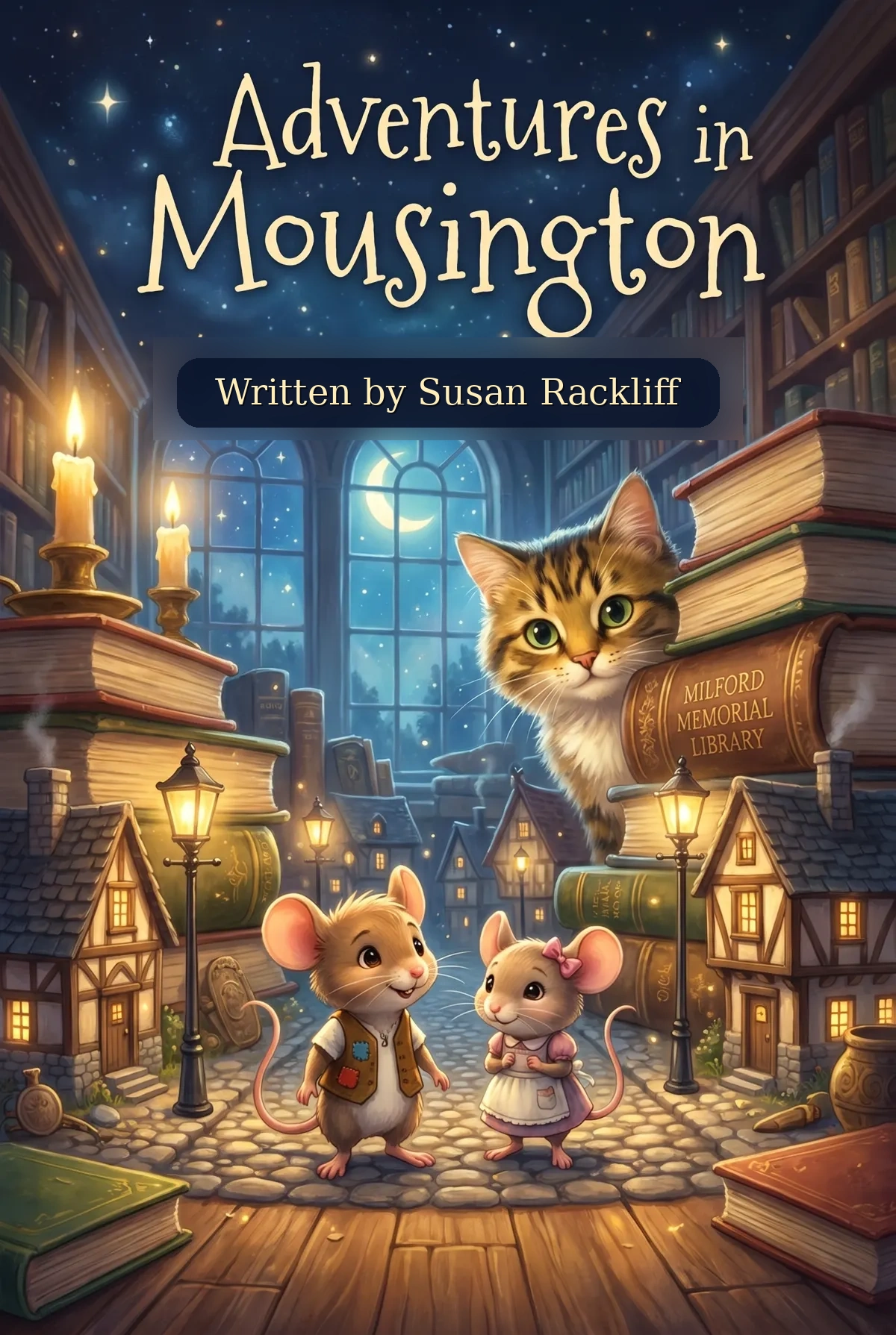 A starry library at night above a tiny lamp-lit mouse town. Two young mice — a boy in a vest and a girl in a pink apron — stand on pebbled streets while a gentle gold-and-black cat peeks down from a stack of library books.